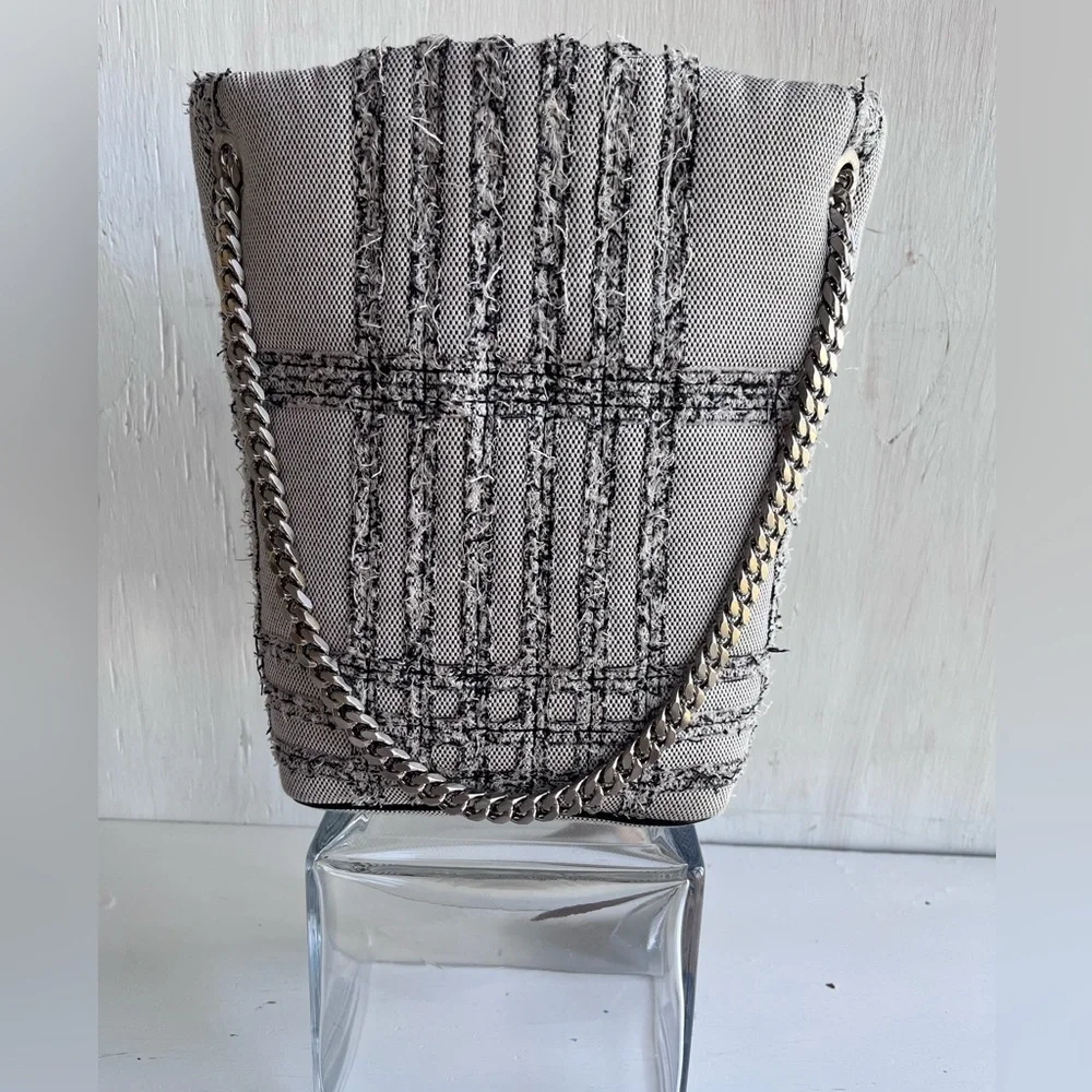 BURBERRY Lola Needle Punch Check Canvas Small Bucket Bag- Black and White - Picture 9 of 13